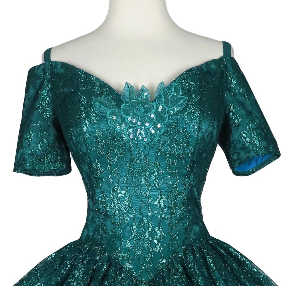 Vintage 80s Gunne Sax Green Metallic Lurex Floral Lace Full Skirt Prom Dress S - Picture 8 of 12